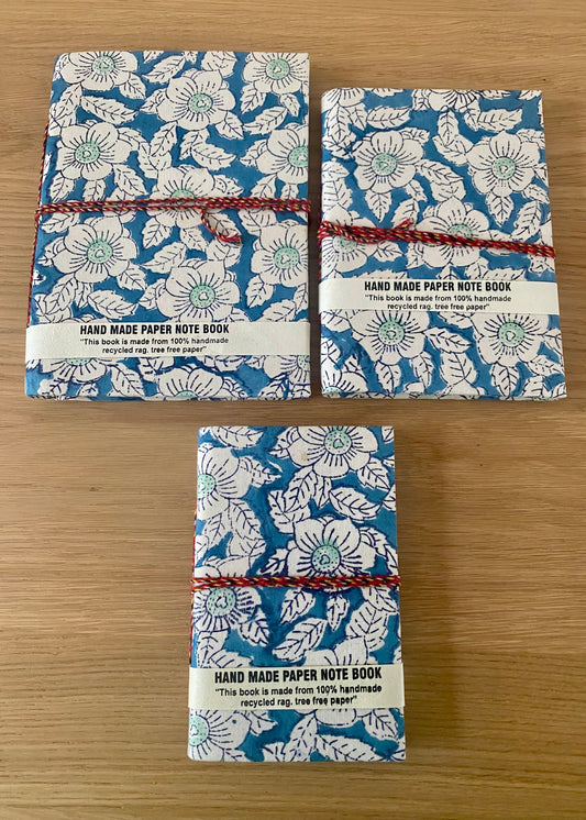 Note books 3 sizes Indigo flowers cotton and natural paper small, medium, large