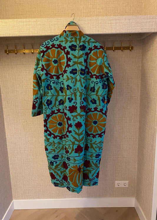 Katoenen lange jas - blauw meerkleurig - Tantuva Atelier