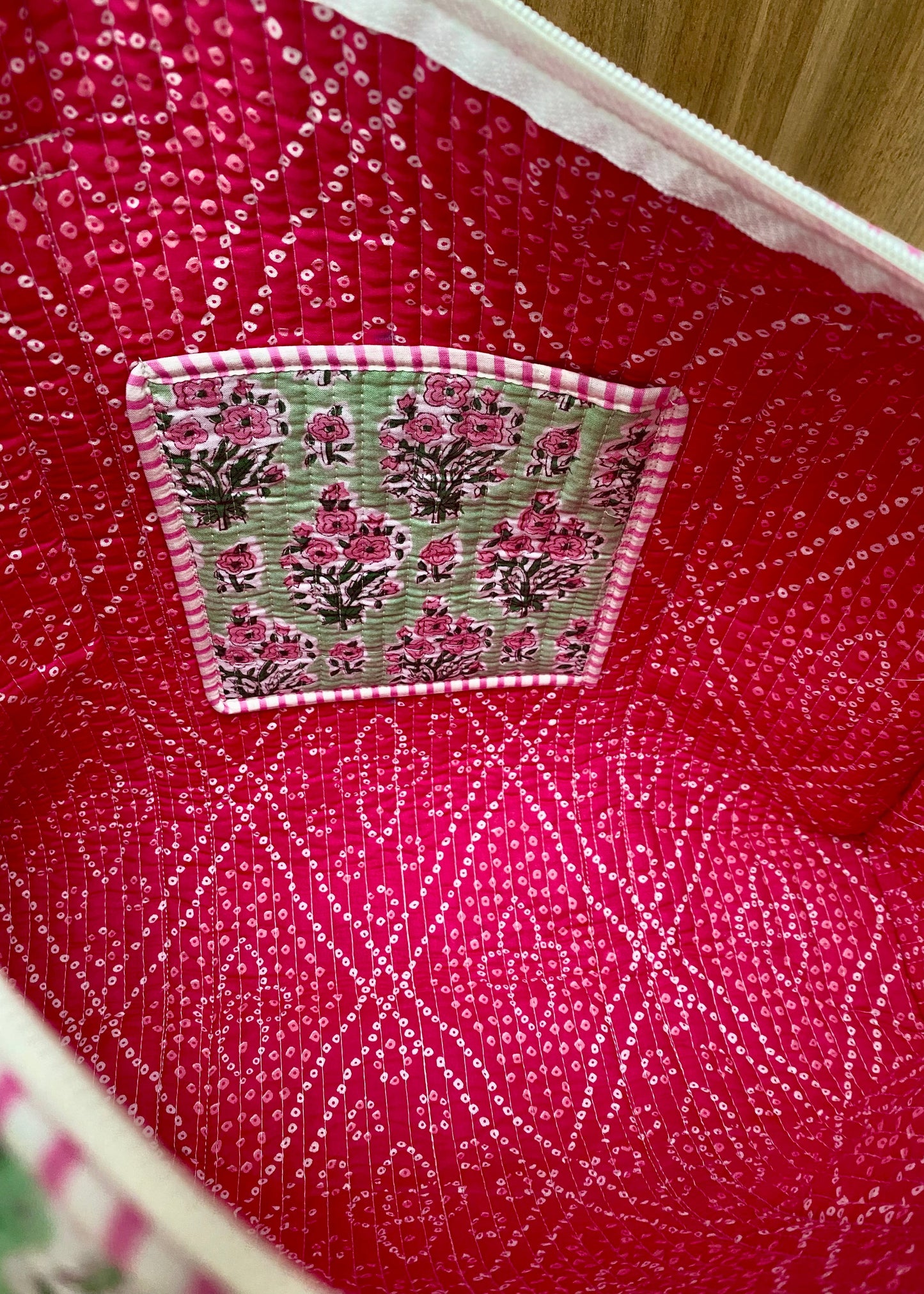 Tote bag green/pink roses with zip