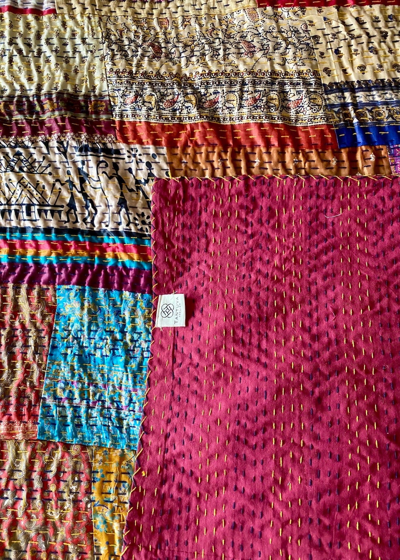 Luxe handgemaakte patchwork sprei van zijde & katoen – dubbelzijdig 269×229