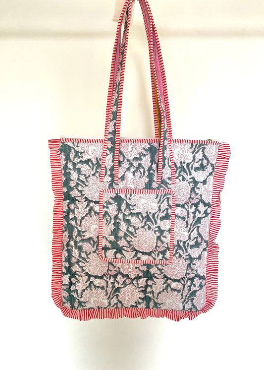 Gewatteerde laptoptas met volant blauw/groen