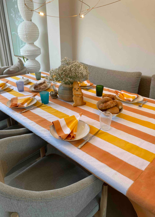 Tafelkleed 100% Katoen Geel/Oranje/Wit –  245x160 cm | Inclusief 6 Servetten (45x45 cm)