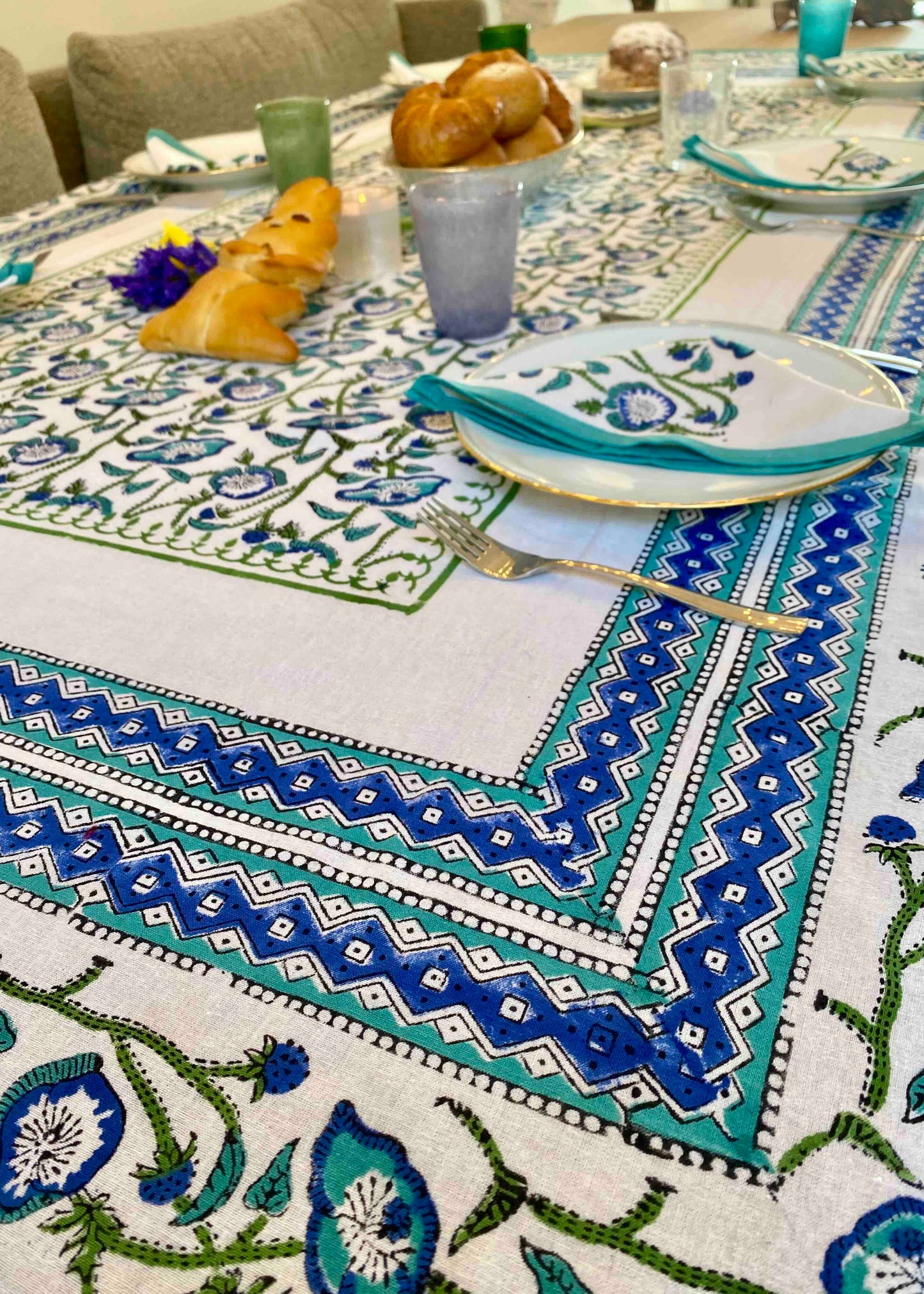 Tafelkleed 100% Katoen Blauw/Wit 214x138 cm | Inclusief 6 Servetten (29x29 cm)