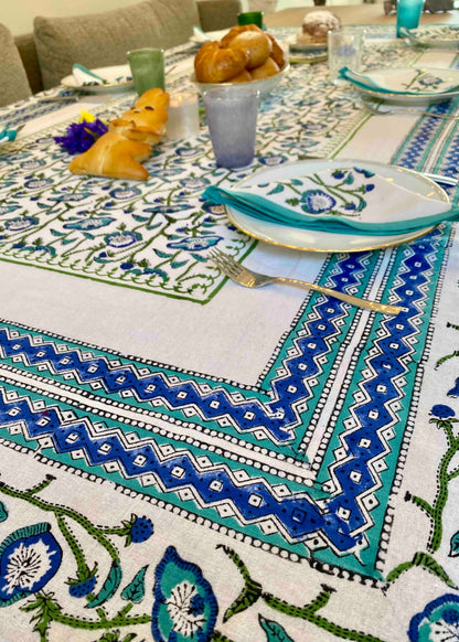 Tafelkleed 100% Katoen Blauw/Wit 214x138 cm | Inclusief 6 Servetten (29x29 cm)