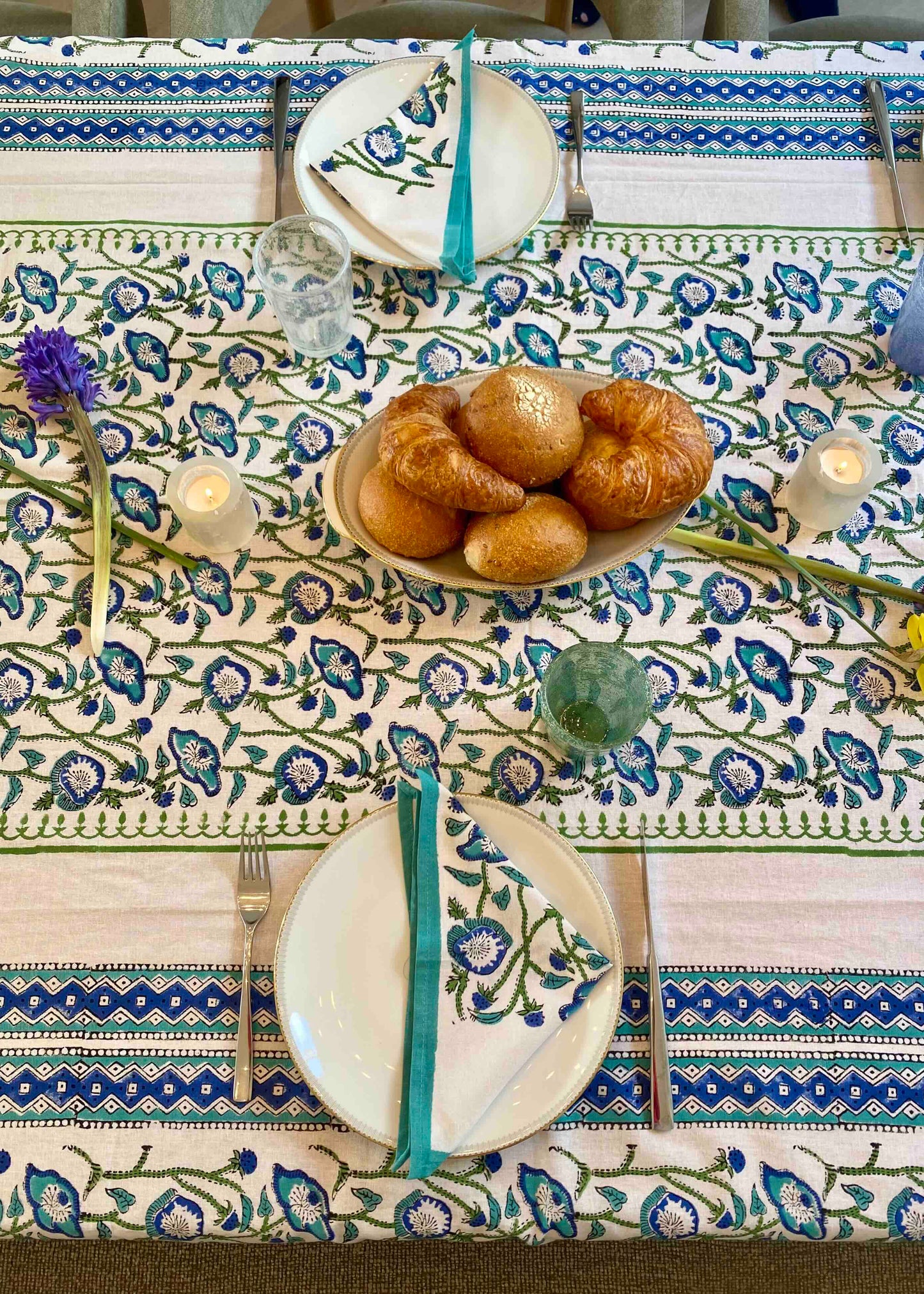 Tafelkleed 100% Katoen Blauw/Wit 214x138 cm | Inclusief 6 Servetten (29x29 cm)