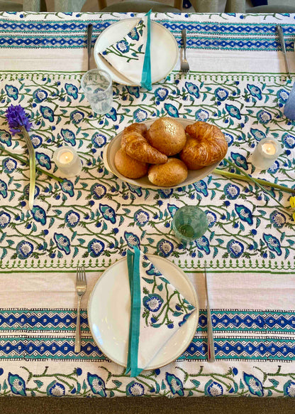 Tafelkleed 100% Katoen Blauw/Wit 214x138 cm | Inclusief 6 Servetten (29x29 cm)