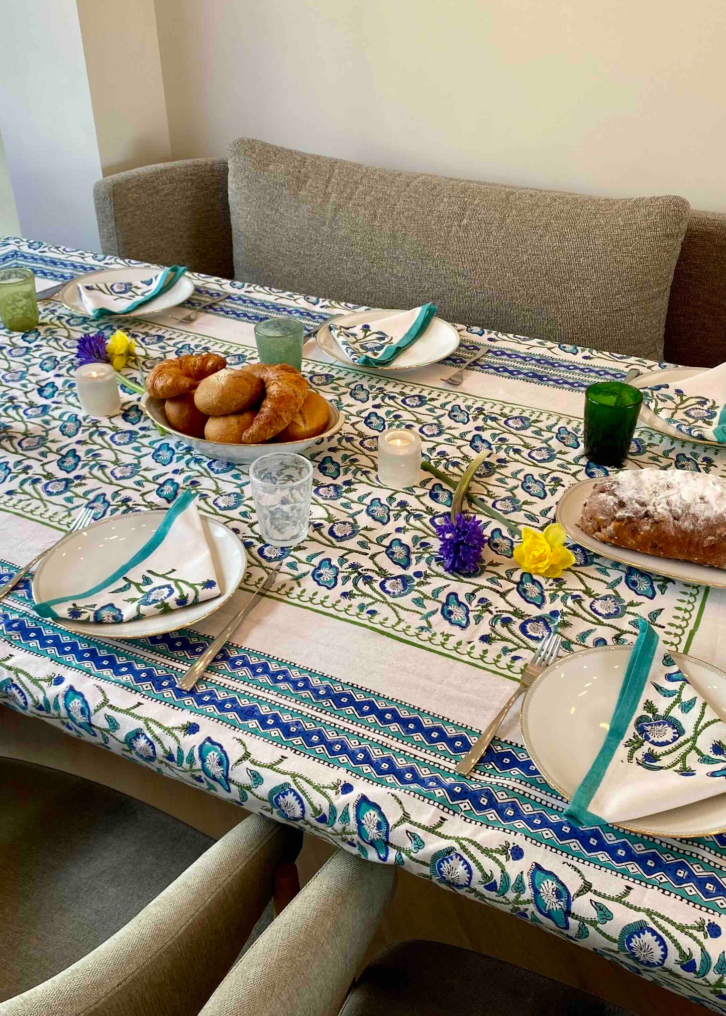 Tafelkleed 100% Katoen Blauw/Wit 214x138 cm | Inclusief 6 Servetten (29x29 cm)