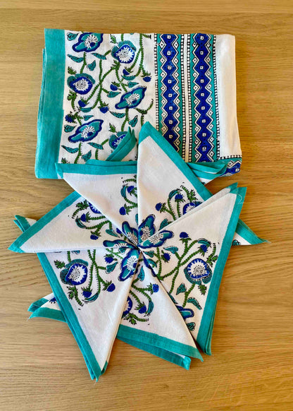 Tafelkleed 100% Katoen Blauw/Wit 214x138 cm | Inclusief 6 Servetten (29x29 cm)
