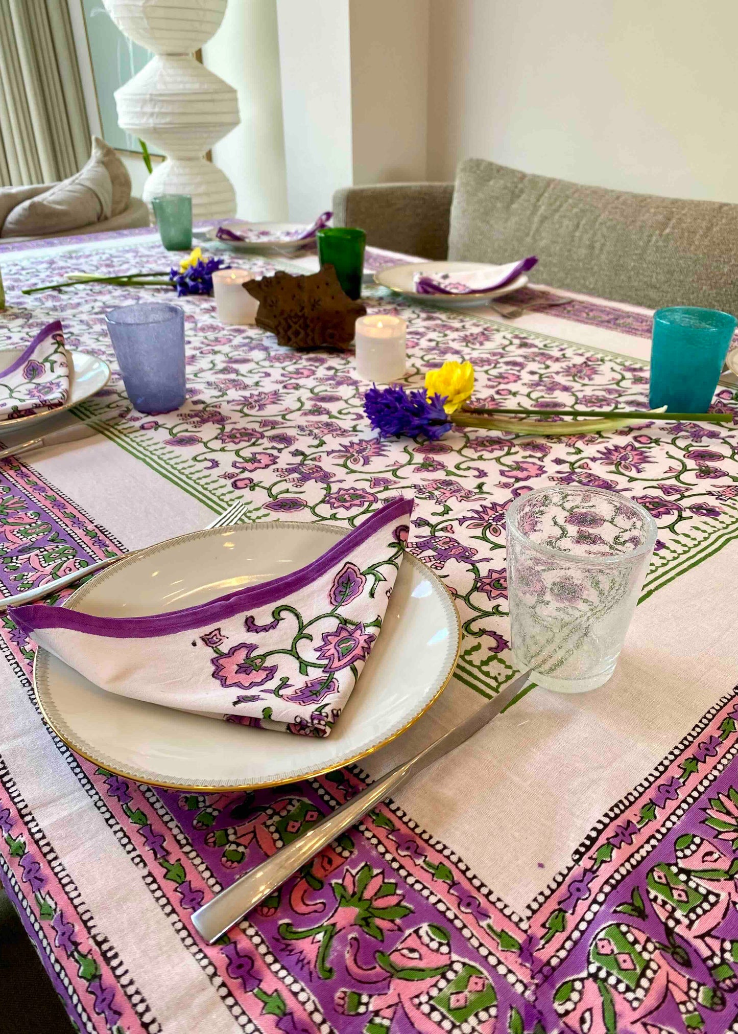 Tafelkleed Paars/Wit 100% Katoen 218x140 cm | Inclusief 6 Servetten (30x30 cm)