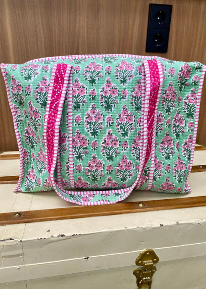 Tote bag green/pink roses with zip