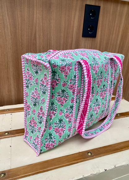 Tote bag green/pink roses with zip