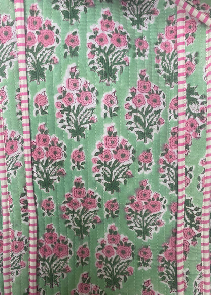 Tote bag green/pink roses with zip