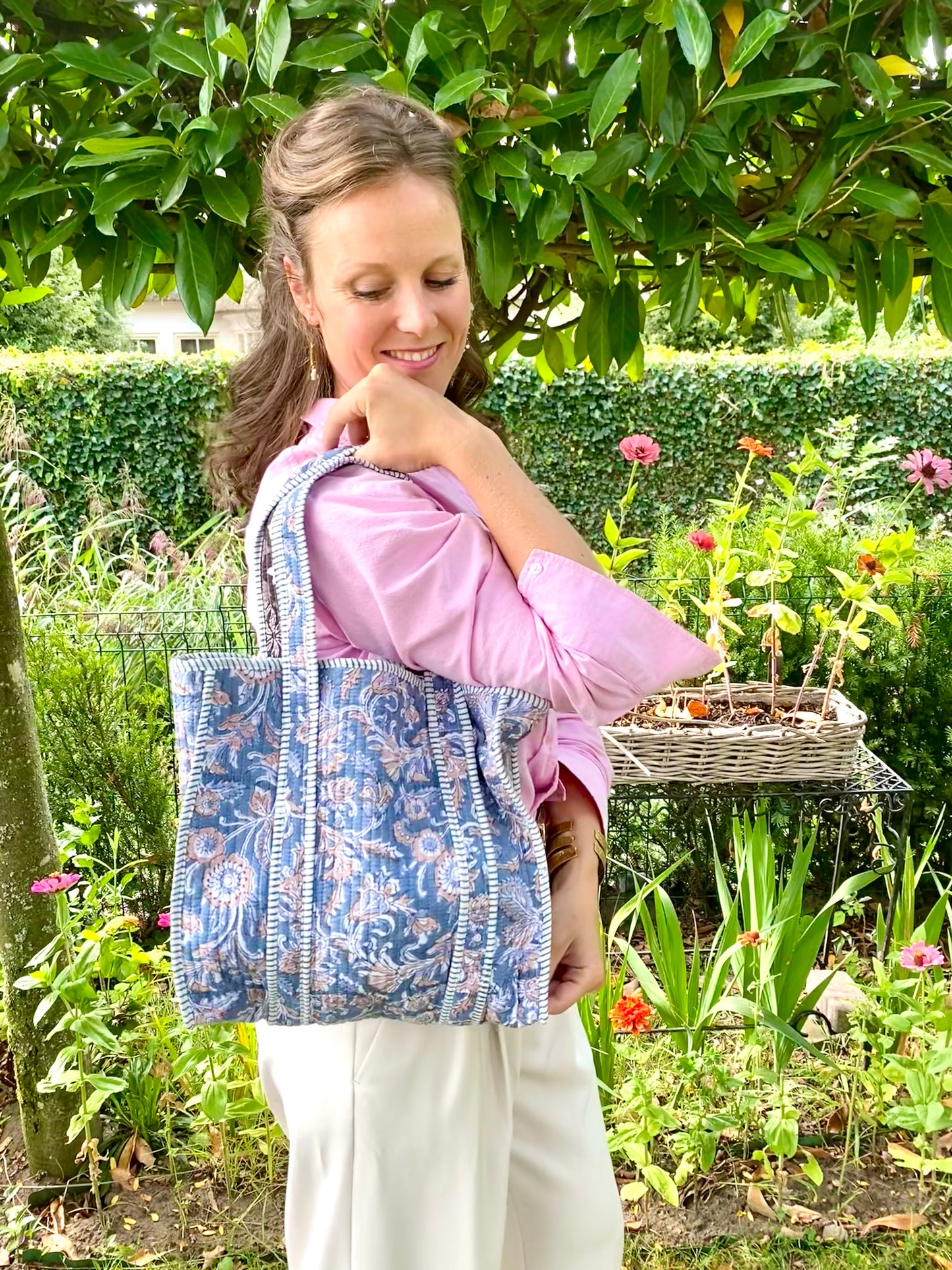Handgemaakte handtas blue beige