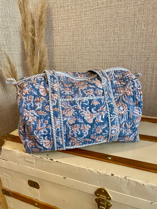 Blue beige floral duffle bag