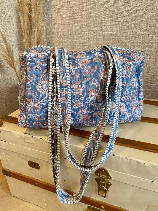 Blue beige floral duffle bag