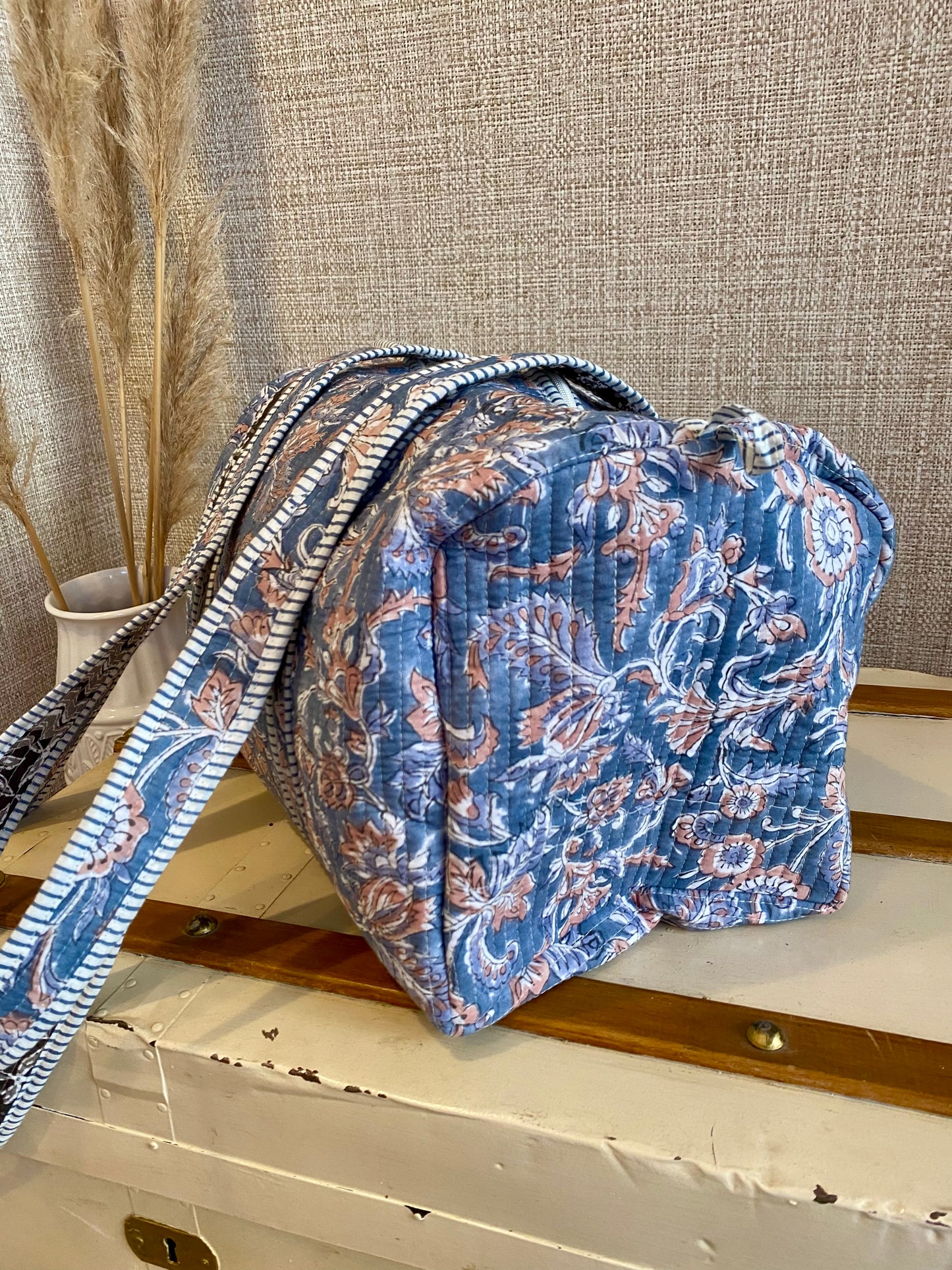 Blue beige floral duffle bag
