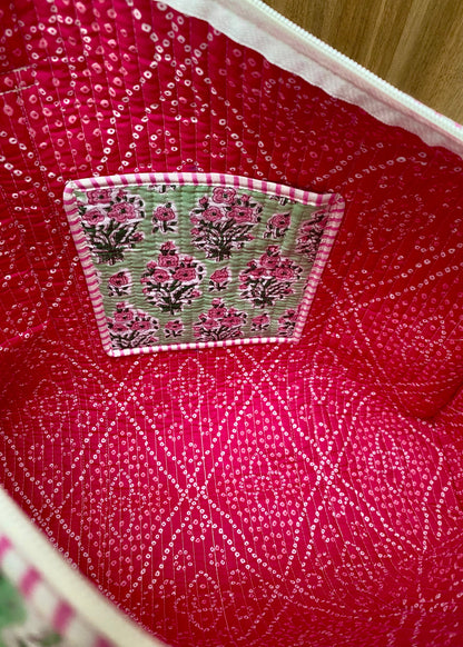 Tote bag green/pink roses with zip