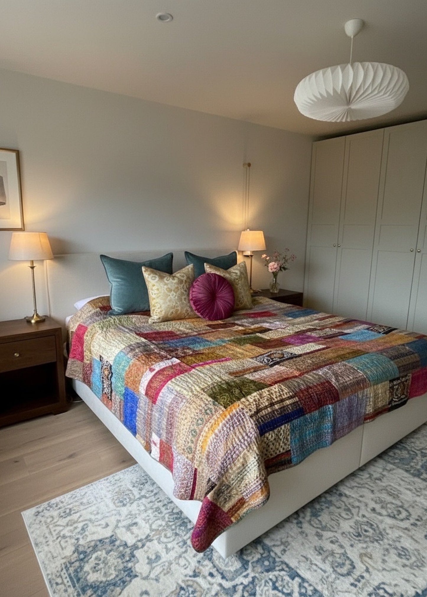 Luxe handgemaakte patchwork sprei van zijde & katoen – dubbelzijdig 269×229