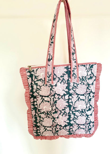 Gewatteerde laptoptas met volant blauw/groen