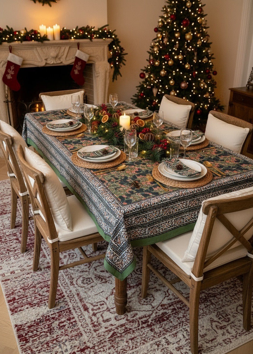 Tafelkleed kerst groen handbestempeld