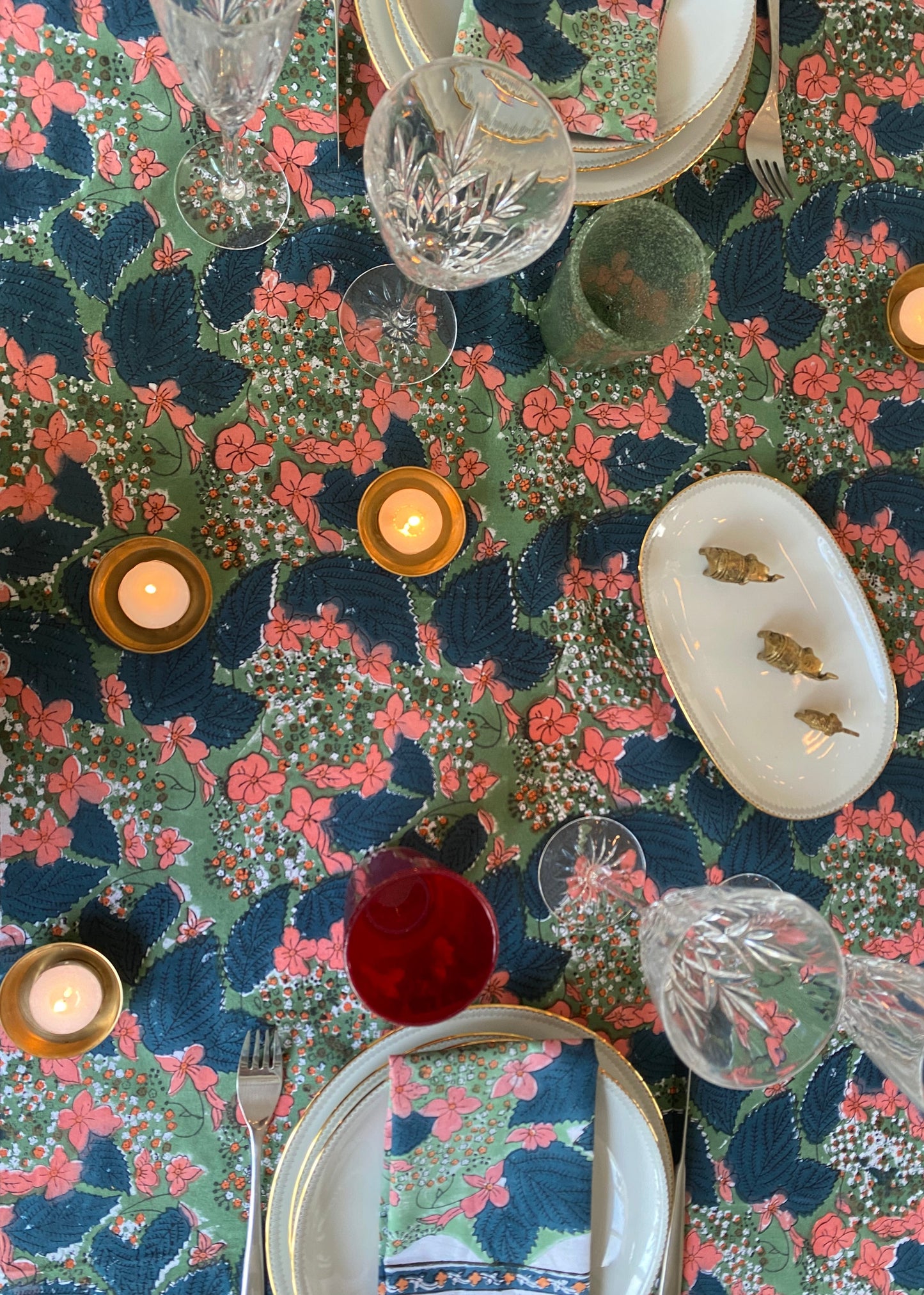 Tafelkleed kerst groen handbestempeld