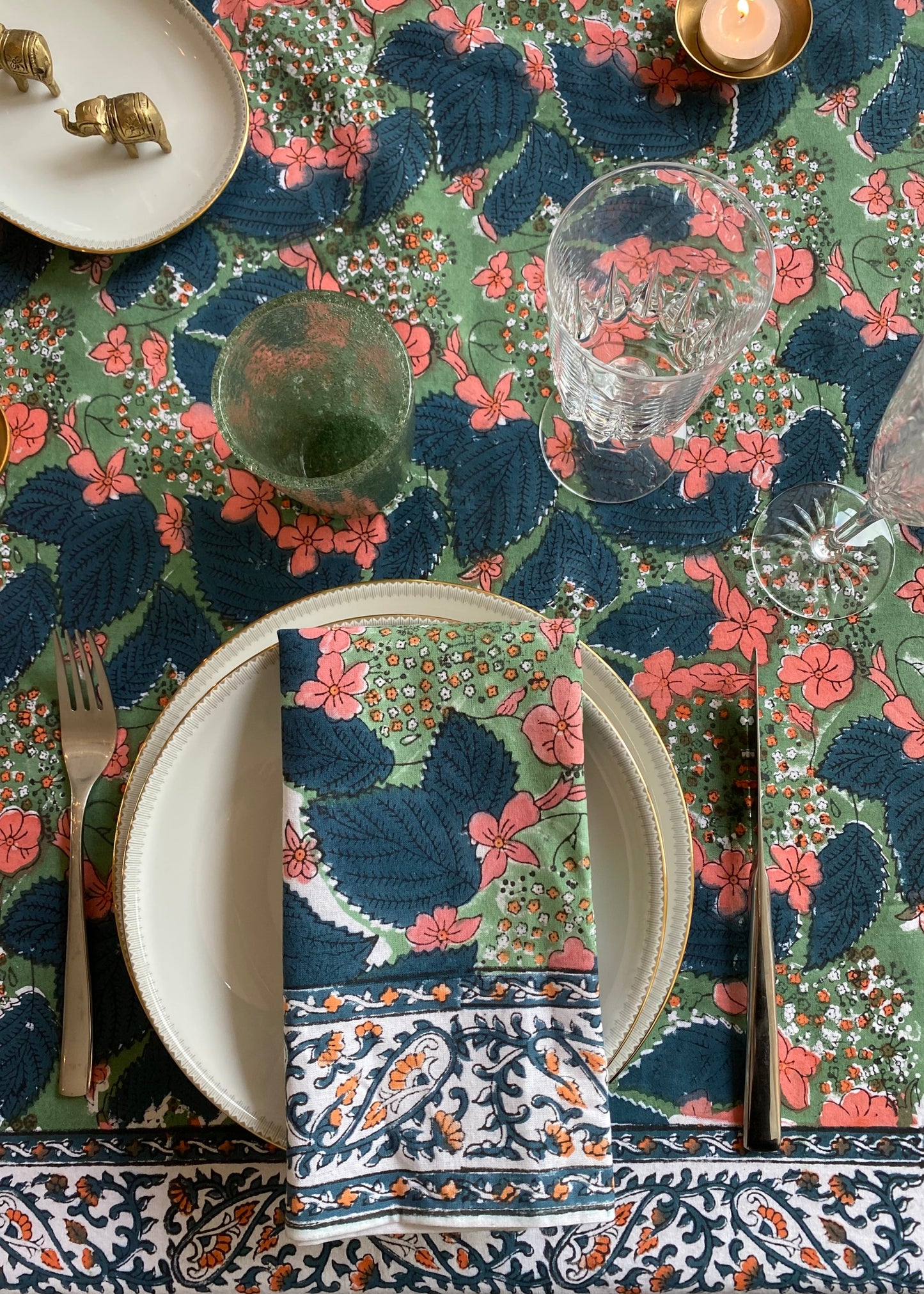 Tafelkleed kerst groen handbestempeld