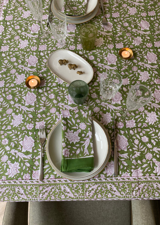 Tafelkleed handbestempeld green floral