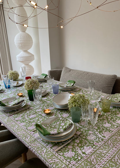 Tafelkleed handbestempeld green floral