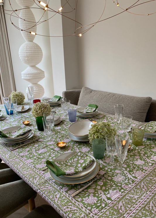 Tafelkleed handbestempeld green floral